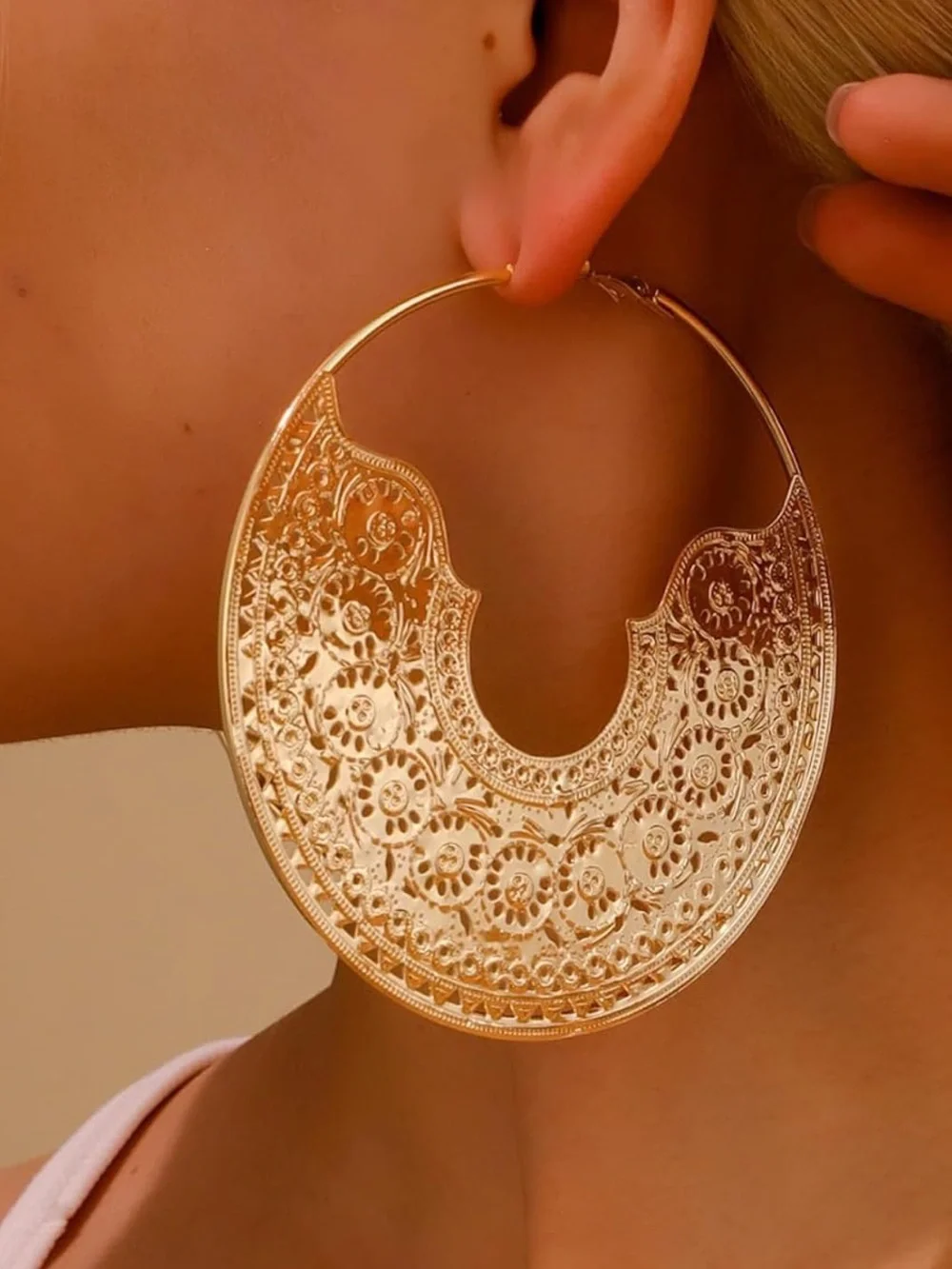 Gold color Filigree Large Hoop Earrings - Elegant Women's Jewelry